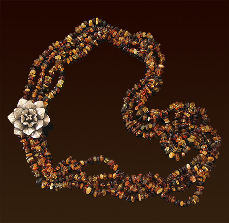 Four strands multicolor amber necklace, Hill Tribe silver focal, no clasp