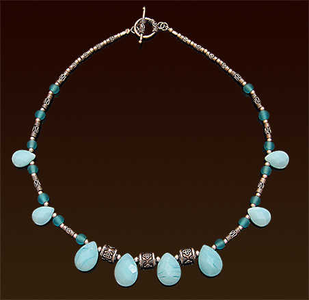 Aqua quartz drops, Balinese silver accent beads & toggle claps necklace