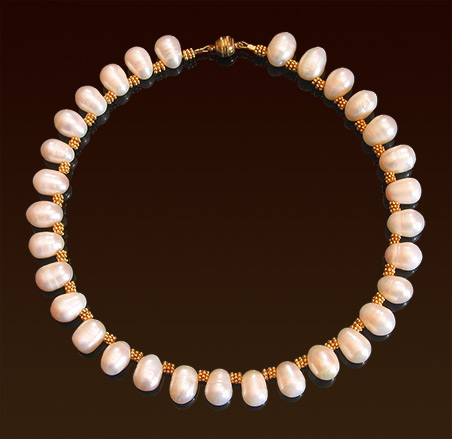 White oblong freshwater pearls necklace with Balinese vermeil spacers, gold filled magnetic clasp