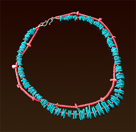 Mixed graduated turquoise and coral necklace, the two strands can also be used separately