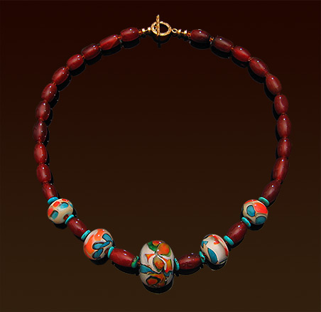 One of a kind lampwork glass beads necklace, carnelian stones and turquoise accent, vermeil toggle clasp