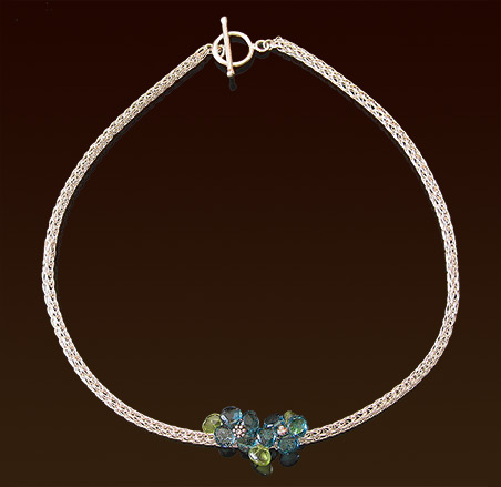 Handwoven sterling wire necklace, blue topaz flowers with peridot leaves, toggle clasp