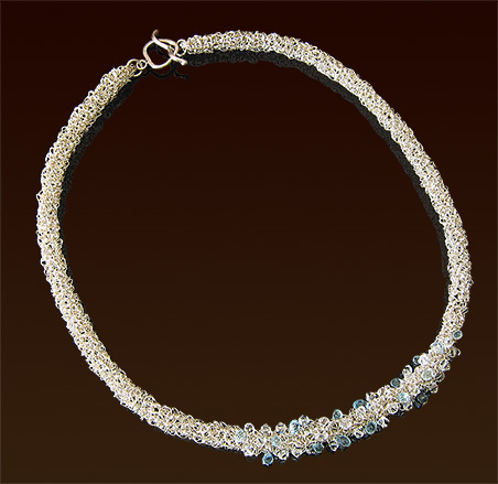 Crocheted sterling wire necklace with aquamarine briolettes and swarovski crystals, toggle clasp