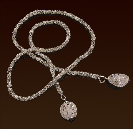 Crocheted sterling wire lariat, rock crystal pendants