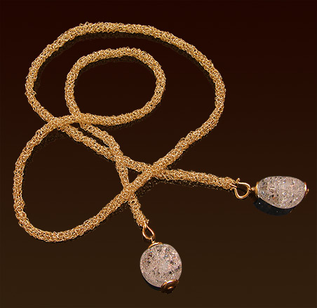 Crocheted gold filled wire lariat, rock crystal pendants