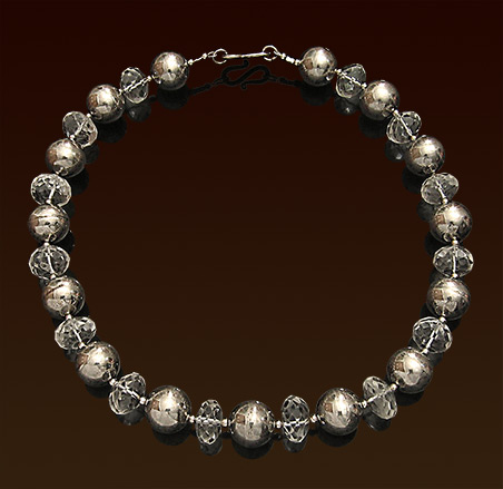 Faceted rock crystal & sterling round beads necklace, sterling "S" clasp