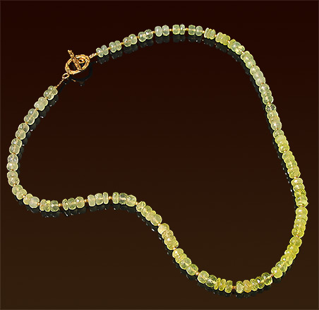 Faceted prehnite necklace, graduate color, vermeil toggle clasp