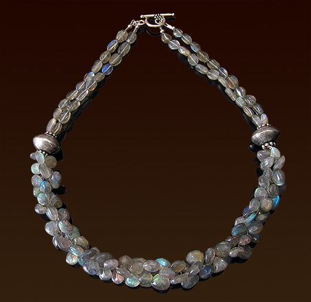 Braided smooth labradorite briolettes necklace, Balinese silver accents and toggle clasp