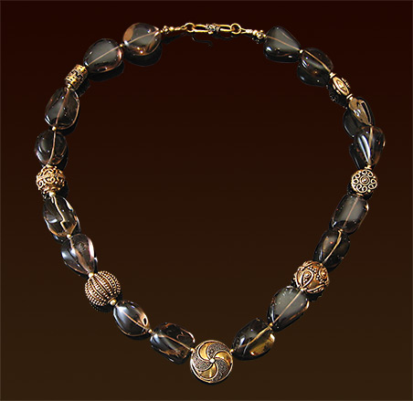 smoky quartz necklace, Balinese vermeil beads and "S" clasp