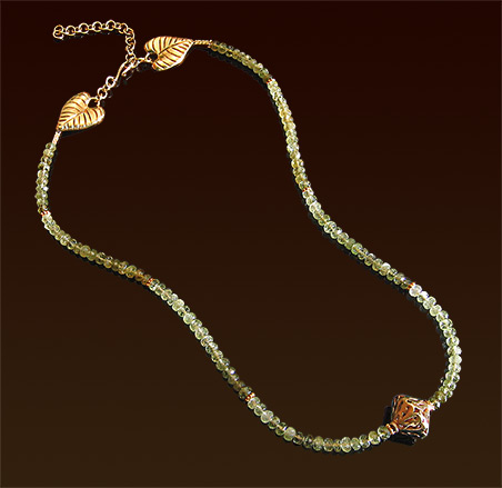 Grossular garnet necklace, graduated green color, vermeil focal and clasp