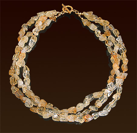 Three strands rough cut citrine necklace, vermeil accent beads & toggle clasp