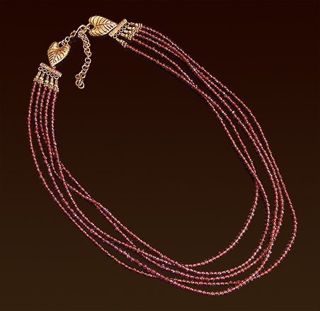 Five strands light garnet necklace, vermeil clasp