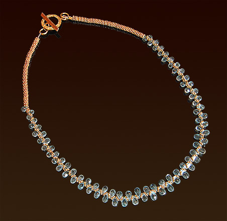 Dancing aquamarine briolettes necklace, Balinese vermeil spacers and toggle clasp