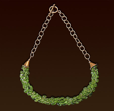 Braided peridot necklace, smooth briolettes, gold filled chain, vermeil toggle clasp