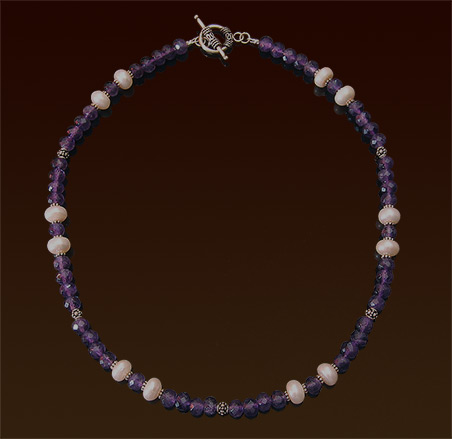 Faceted amethyst and white freshwater peals necklace, Balinese silver accents and toggle clasp