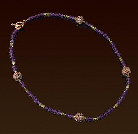 Faceted amethyst, peridot gemstones necklace, Balinese vermeil beads and toggle clasp