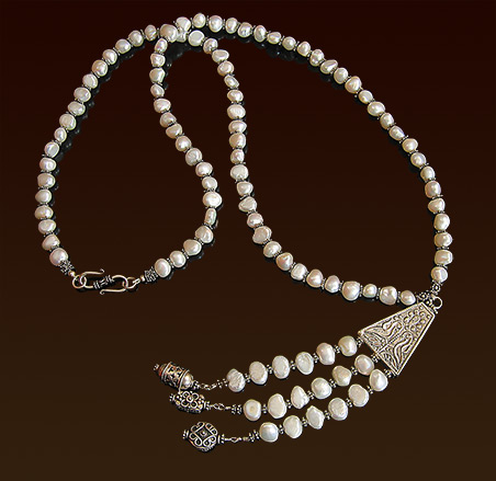 White freshwater pearls necklace, 30", Balinese silver pendant beads and "S" clasp, 5" pendant