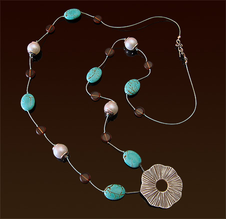 Turquoise & mother of pearl necklace, knotted on silk thread, Hill Tribe silver pendant, sterling clasp