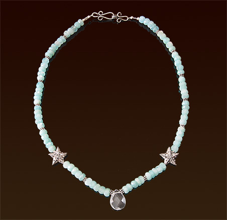 Amazonite gemstones necklace, rock crystal focal drop, sterling starfish beads and clasp