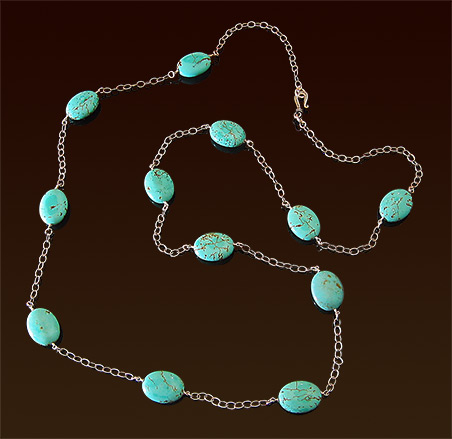 Necklace with large oval turquoise stones, oxidized sterling chain and clasp