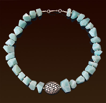 Necklace with large amazonite stones, asymmetrically faceted, large Balinese silver focal bead and hook & eye clasp