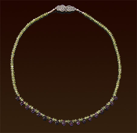 Peridot disks and amethyst briolettes necklace, Balinese silver clasp, 19" 