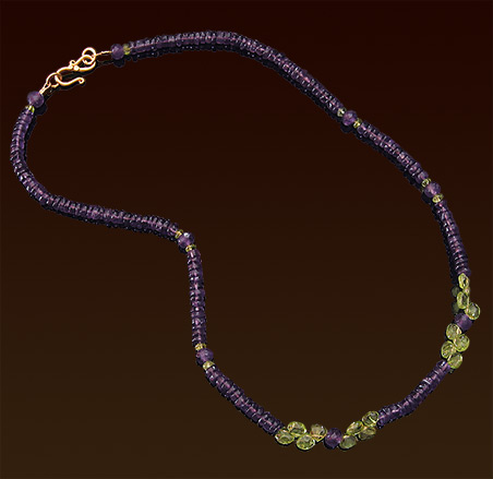 Rich color amethyst disks and peridot briolettes necklace, vermeil "S" clasp