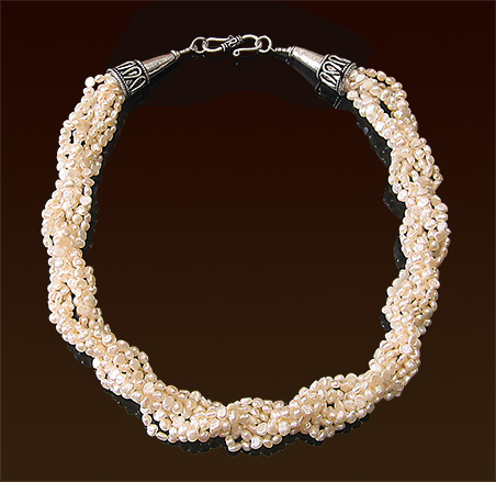 Eight twisted strands ivory freshwater pearls necklace, Balinese silver clasp