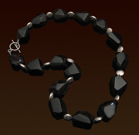 Black rainbow obsidian necklace, faceted asymmetrical gemstones, sterling satin lentils and toggle clasp