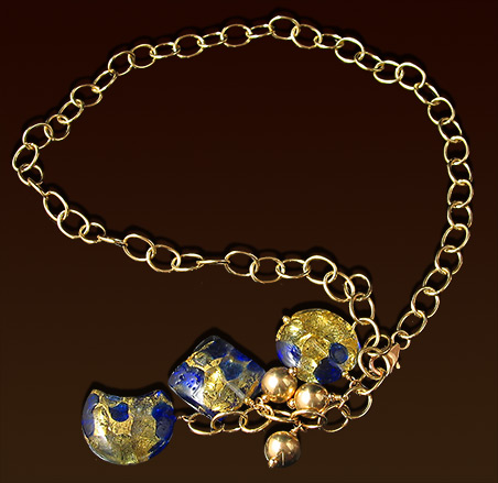 Large gold filled chain "Y" shaped, lobster clasp in front, blue and gold Venetian glass beads