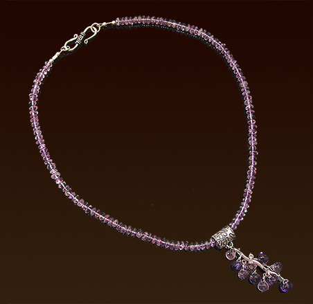 Light amethyst necklace, 18", sterling slider with bicolor amethyst briolettes, sterling "S" clasp