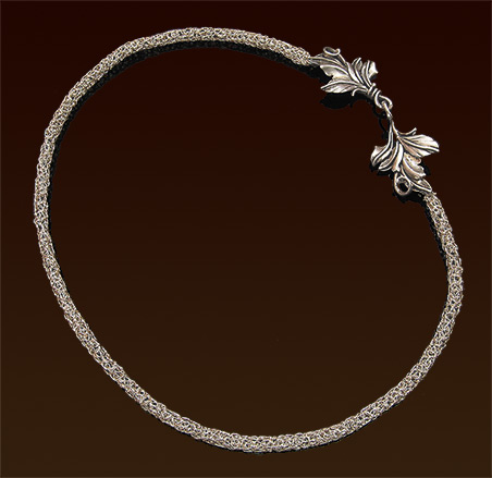 Crocheted sterling wire necklace with leaves clasp