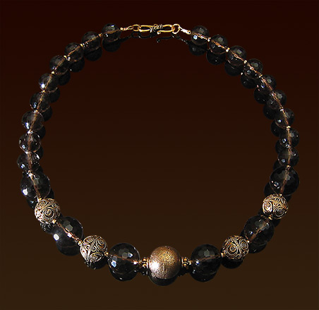 Faceted smoky quartz spheres necklace, Balinese vermeil beads and "S" clasp