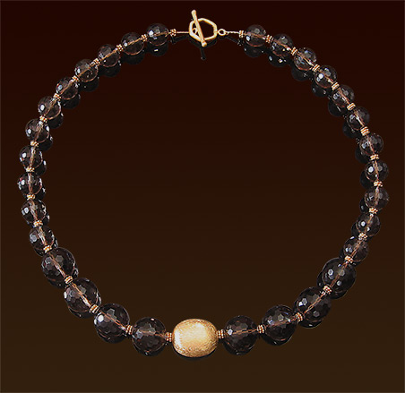 Faceted smoky quartz spheres necklace, vermeil focal and toggle clasp